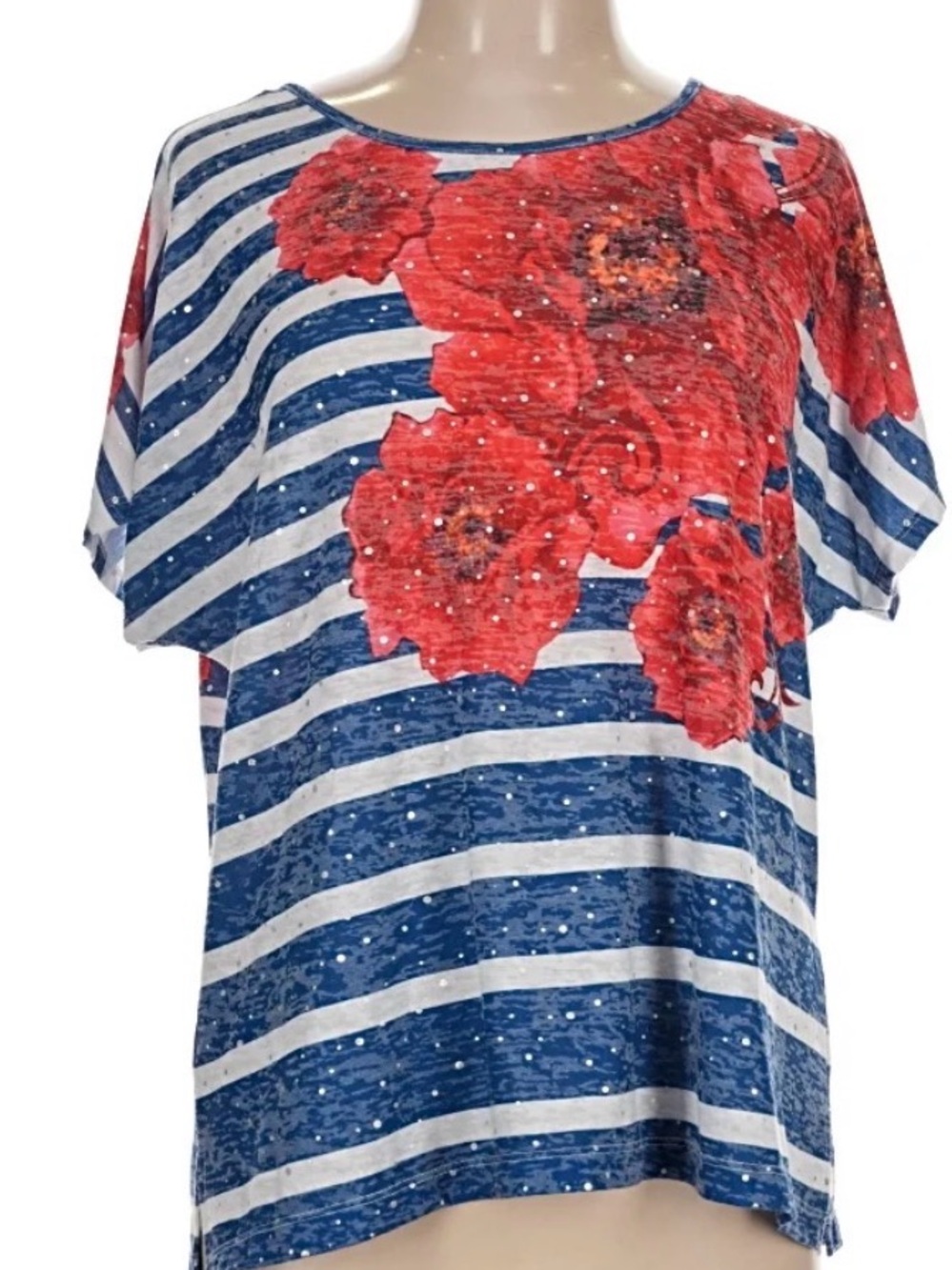 Cathy Daniels Blue & White Striped Tee with Red Floral Accents